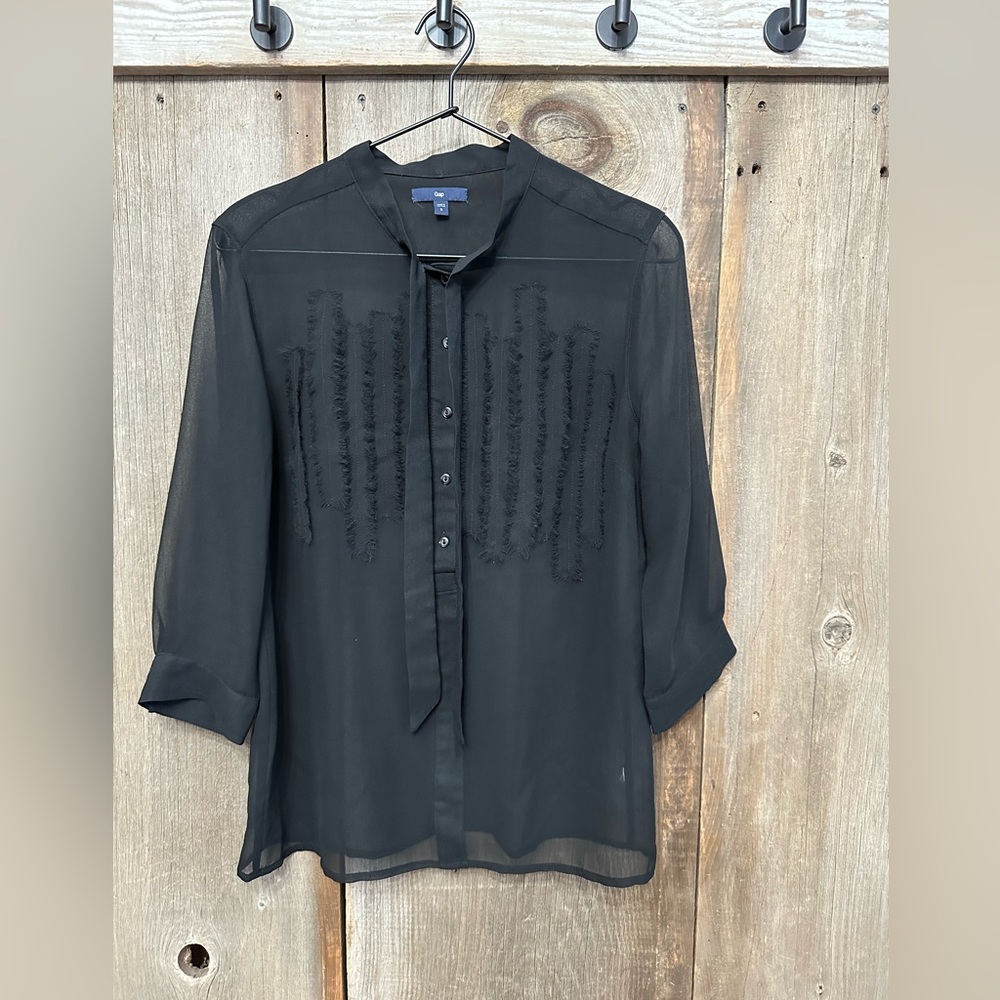 Gap Tie Neck Sheer Half Button Up Blouse in Black Size Small
